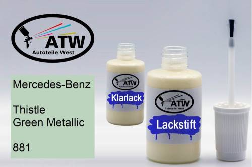 Mercedes-Benz, Thistle Green Metallic, 881: 20ml Lackstift + 20ml Klarlack - Set, von ATW Autoteile West.